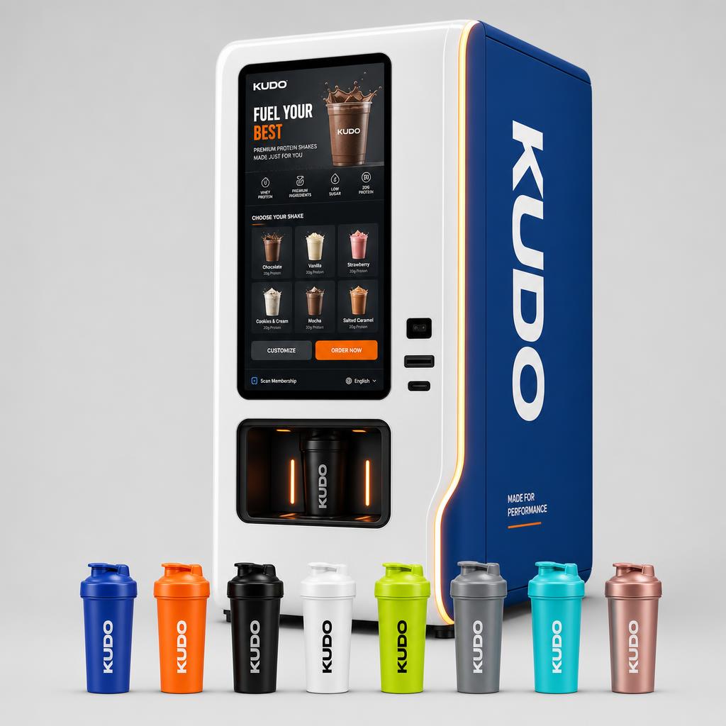 KUDO protein shake kiosk with a 32-inch touchscreen and 14oz shakers in eight colors